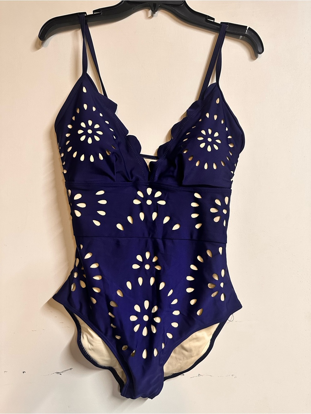 Navy Blue Laser-Cut Maxi Swim Dress with Spaghetti Straps - Picture 8 of 15